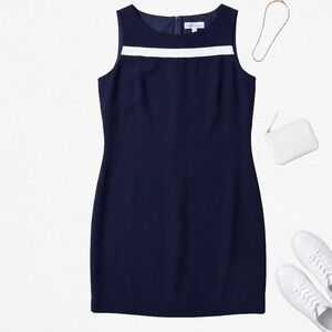 Vintage Casual Corner Navy Blue White Stripe Sleeveless Shift Dress Size 16